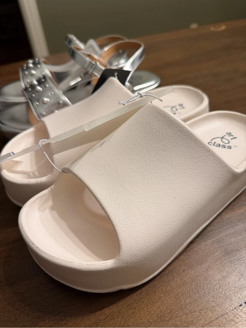 Art Class Metallic Studded Sandal and White Eddie Platform Slide- Size 2 Girls
